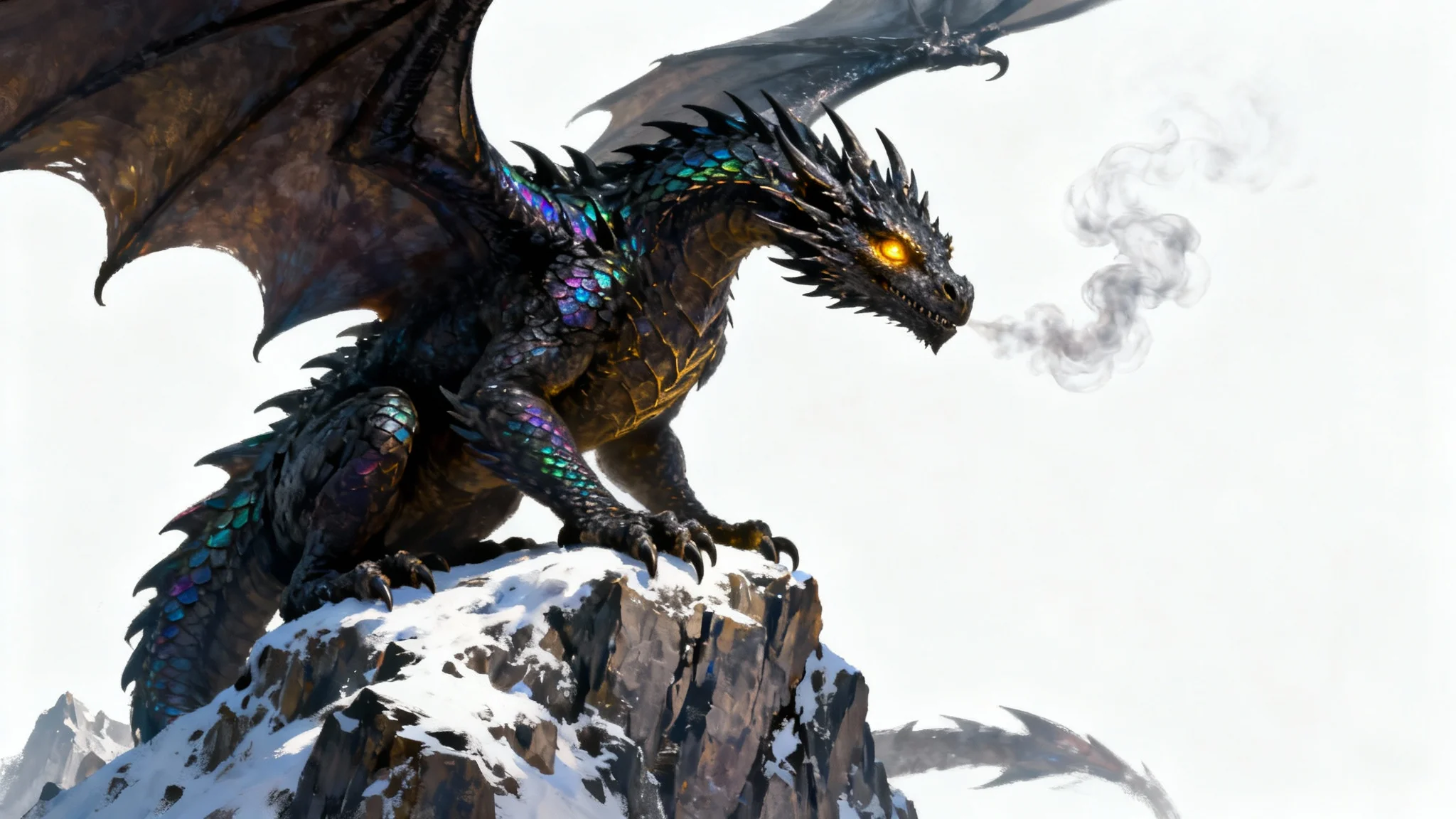 A dramatic digital painting of a fearsome black dragon with glowing golden eyes, perched on a snowy rock, depicted in the style of Game of Thrones art against a white background.