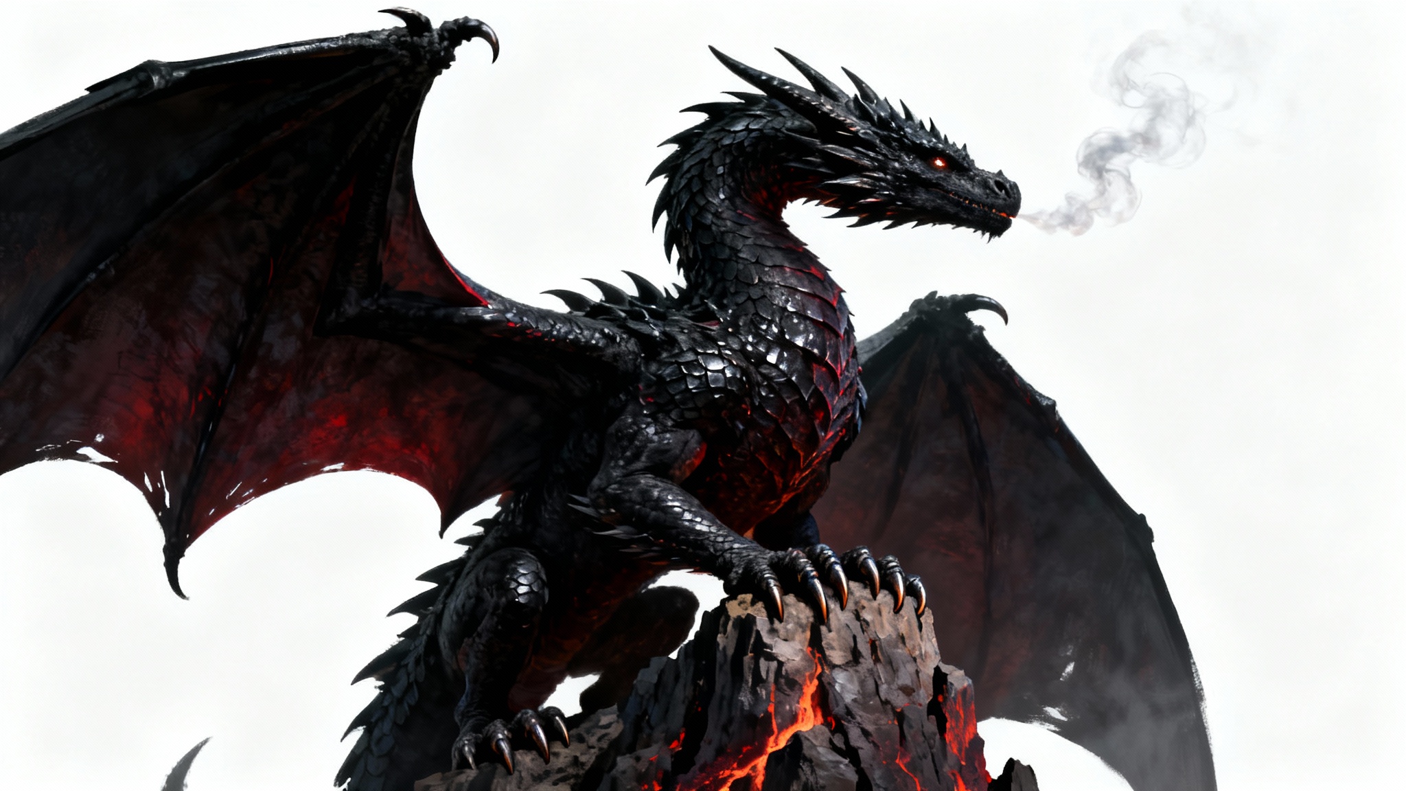 An epic digital painting in the style of Game of Thrones, featuring a large black dragon with obsidian-like scales perched on a rocky spire against a stark white background.