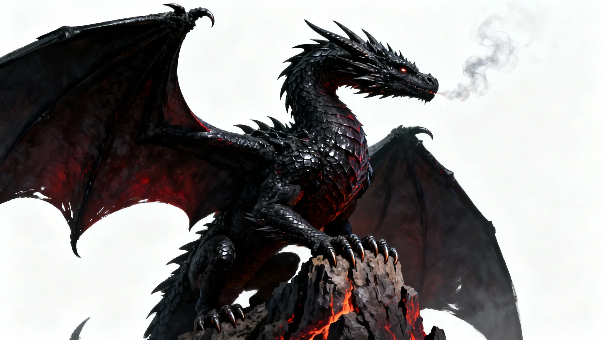 An epic digital painting in the style of Game of Thrones, featuring a large black dragon with obsidian-like scales perched on a rocky spire against a stark white background.