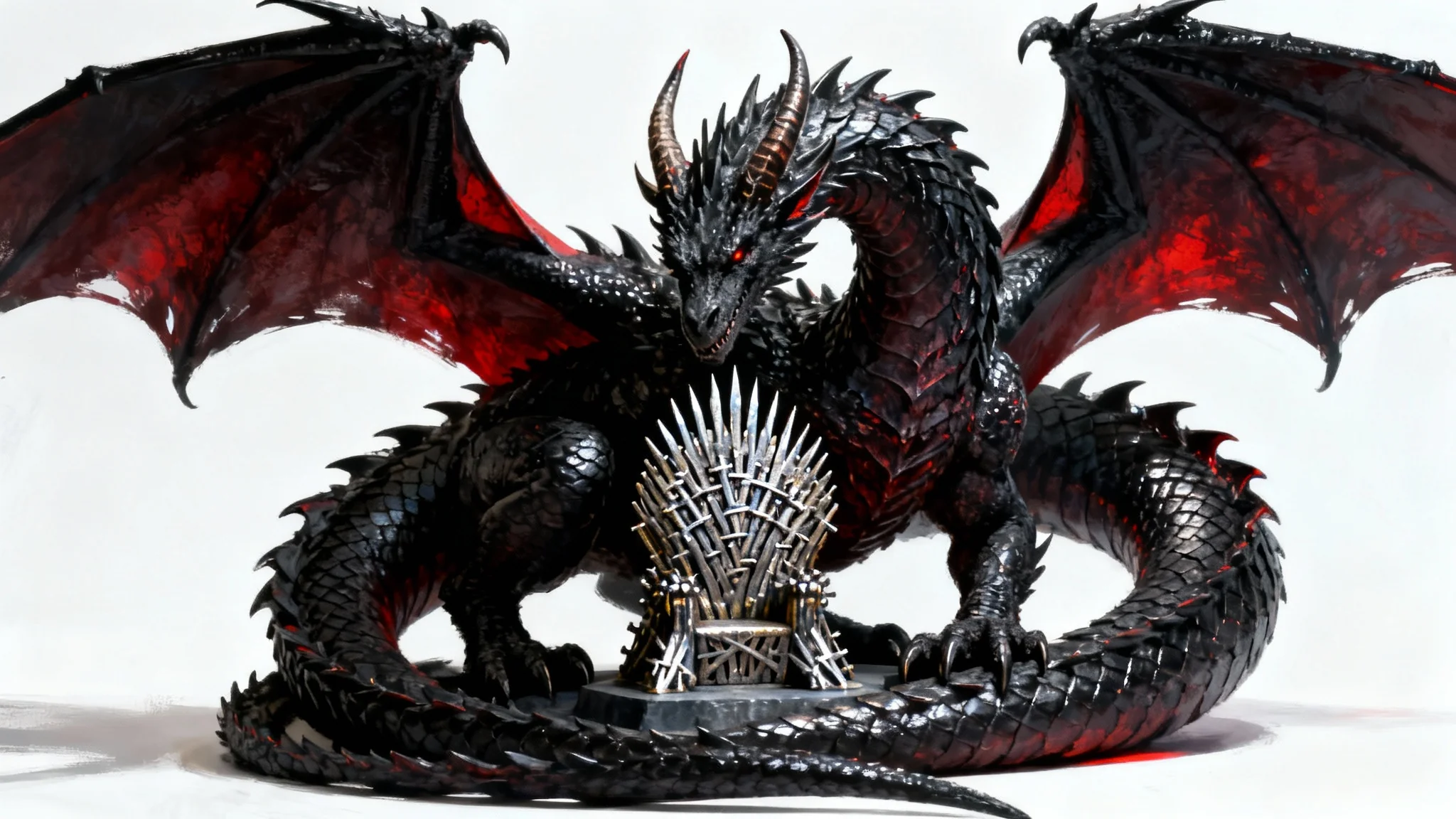 A detailed digital painting in the style of Game of Thrones, showing a large black dragon coiled around the Iron Throne, set against a plain white background.