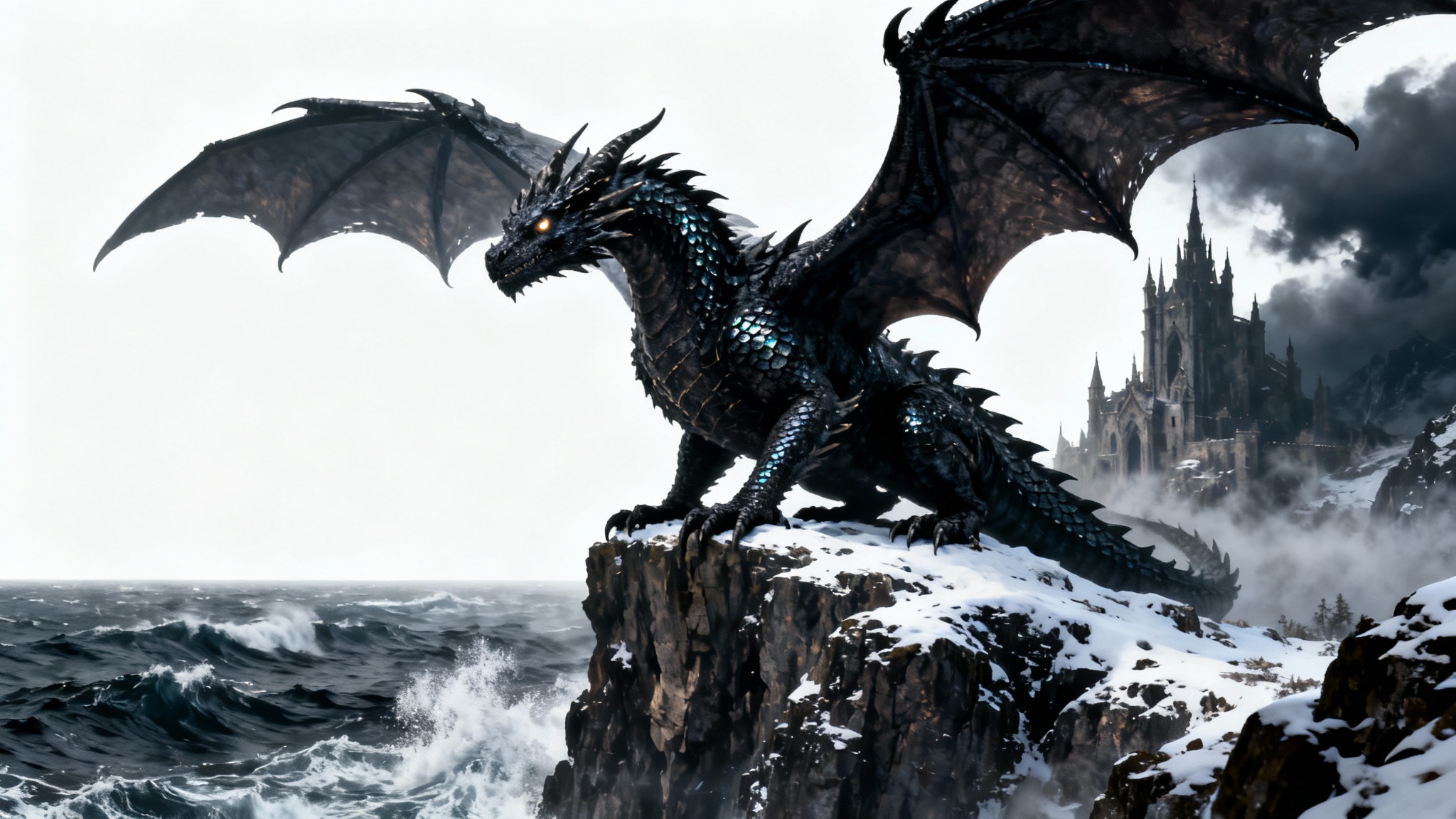 A hyper-realistic fantasy artwork depicting a massive black dragon perched on a snowy cliff, overlooking a stormy sea, in the style of Game of Thrones. The image is presented as a mockup on a white background.