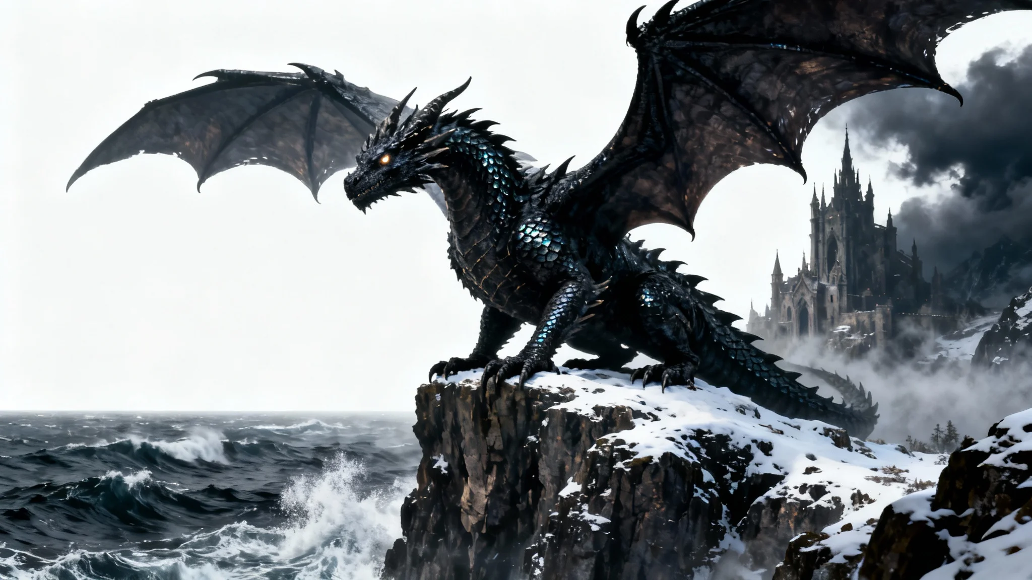 A hyper-realistic fantasy artwork depicting a massive black dragon perched on a snowy cliff, overlooking a stormy sea, in the style of Game of Thrones. The image is presented as a mockup on a white background.