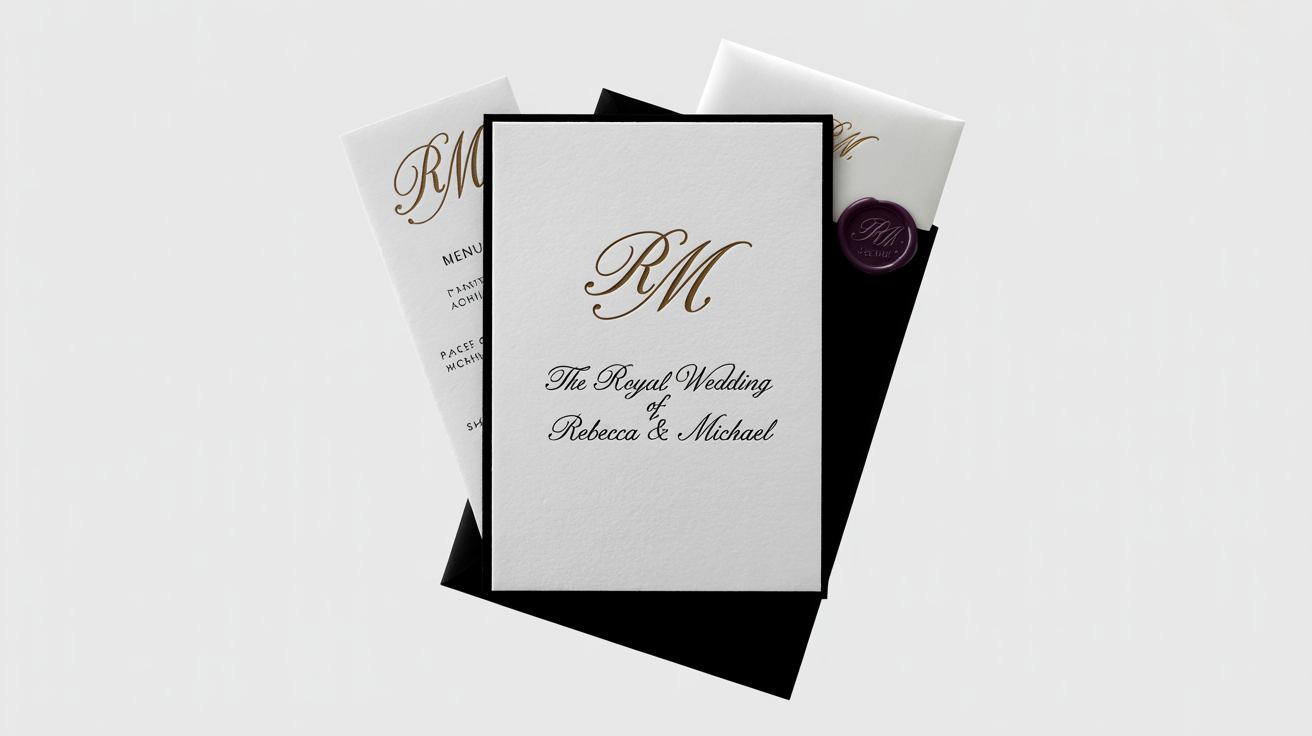 A luxurious flat lay of wedding stationery featuring a royal monogram. An invitation, menu, and place card all display an elegant 'RM' monogram in gold foil, with a purple wax seal on an envelope showing the same design.