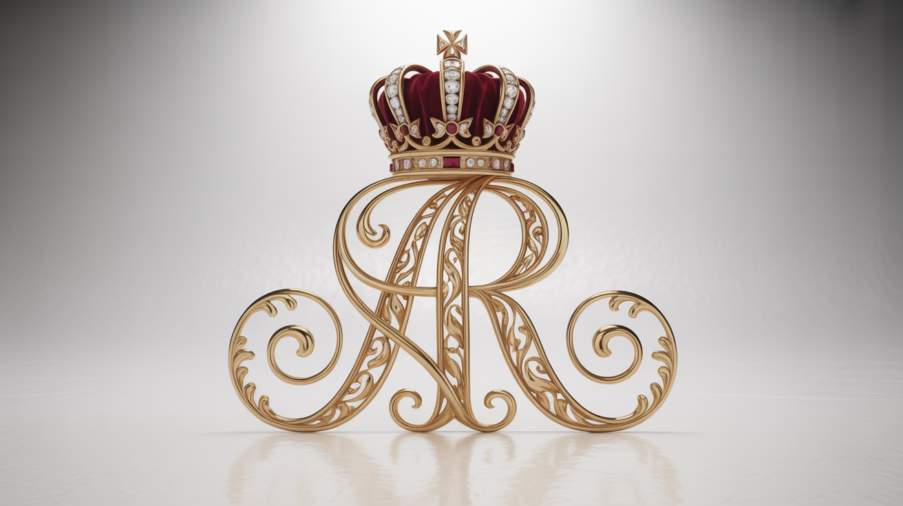 An ornate, gold royal monogram with the letters 'AR' intertwined, topped with a jewel-encrusted crown, on a clean white background.