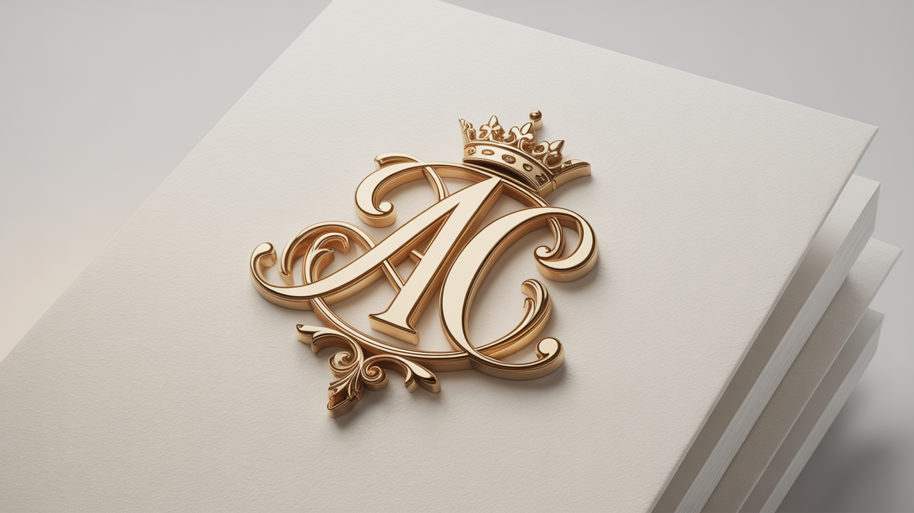 A luxurious, gold royal monogram with the letters 'AC' intertwined in an ornate style, topped with a small crown, embossed on white paper.
