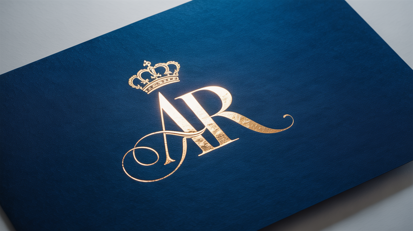 An elegant, close-up shot of a royal monogram with the letters 'A' and 'R' in embossed gold foil on navy blue cardstock, topped with a crown, set against a plain white background.