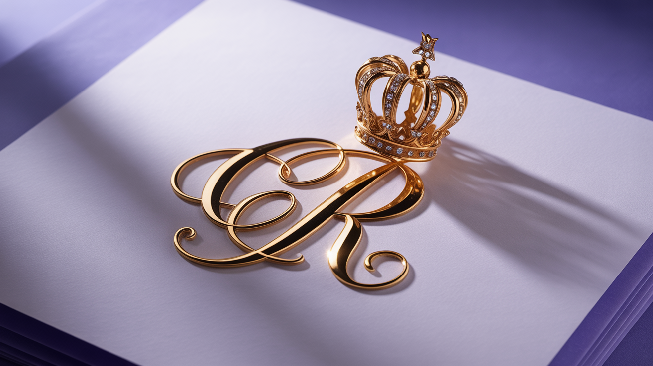An elegant, gold royal monogram with the letters 'CR' intertwined, topped with a regal crown, embossed on royal purple paper against a white background.
