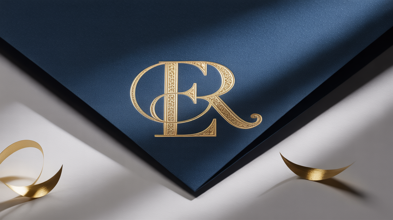 A close-up of a royal monogram showing the initials 'ER' embossed in shiny gold foil on textured navy blue paper, presented against a stark white background.