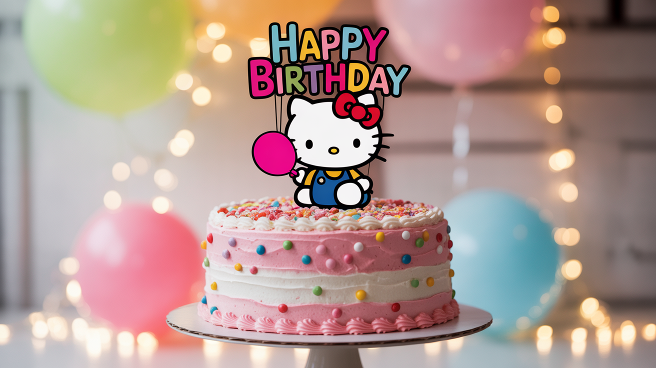 A close-up photo of a beautifully decorated birthday cake topped with a vibrant Hello Kitty cake topper that says 'Happy Birthday'.