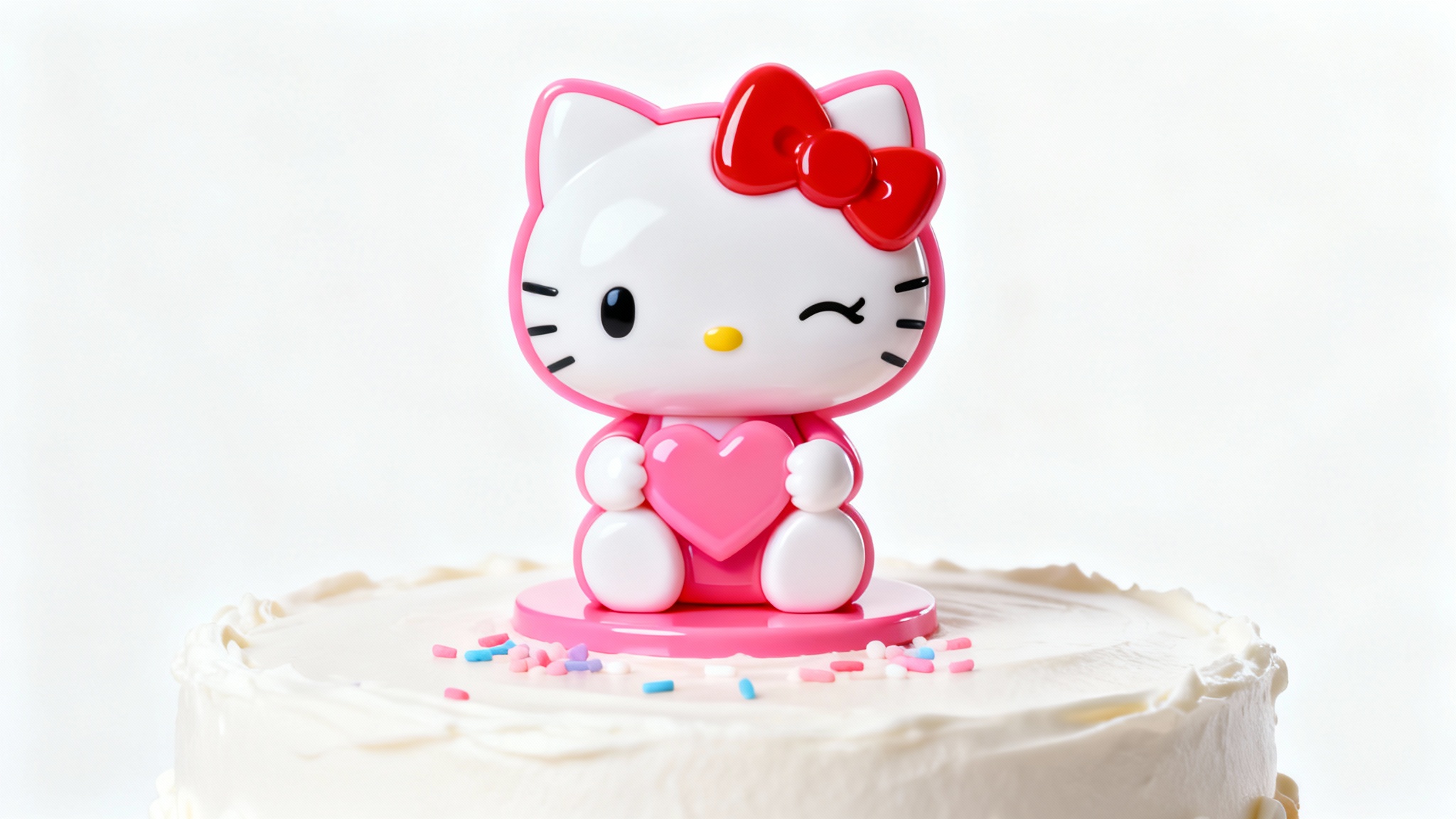 A photorealistic mockup of a cute Hello Kitty cake topper sitting on a pristine white frosted cake against a plain white background.
