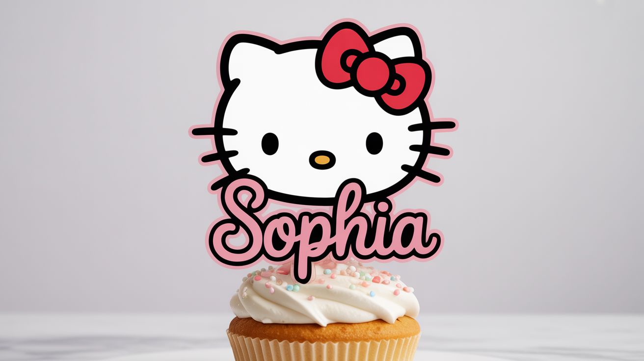 A high-quality mockup of a personalized Hello Kitty cake topper with the name 'Sophia', sitting on a perfectly frosted white cupcake against a plain white background.