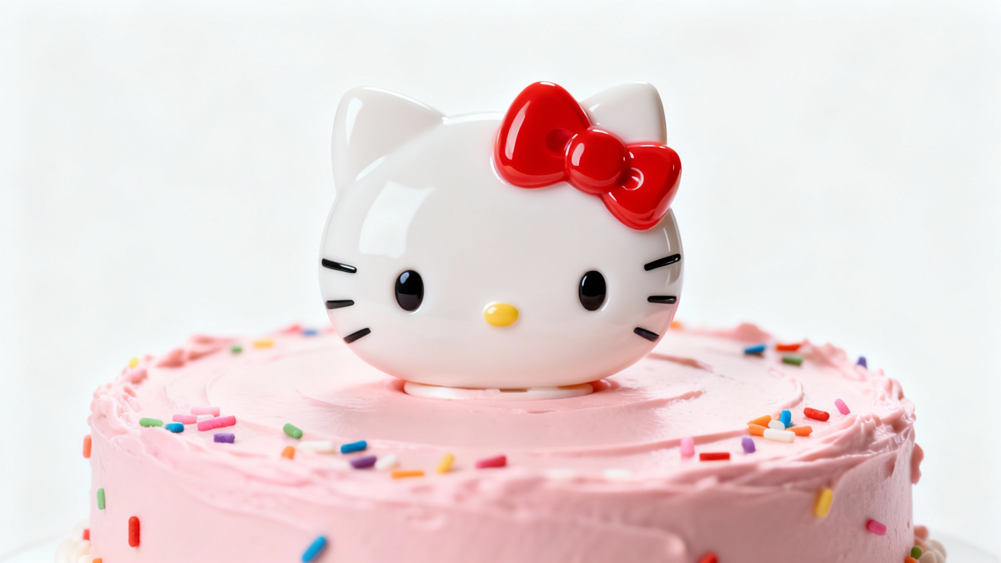 A close-up product shot of a Hello Kitty cake topper, featuring the character with her red bow, sitting on a pink frosted cake against a plain white background.