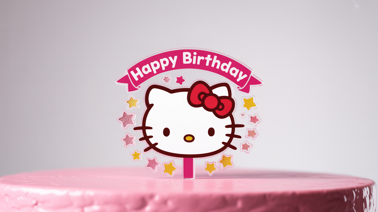 A professional mockup of a Hello Kitty cake topper with the words 'Happy Birthday' on a banner, set against a clean white background.