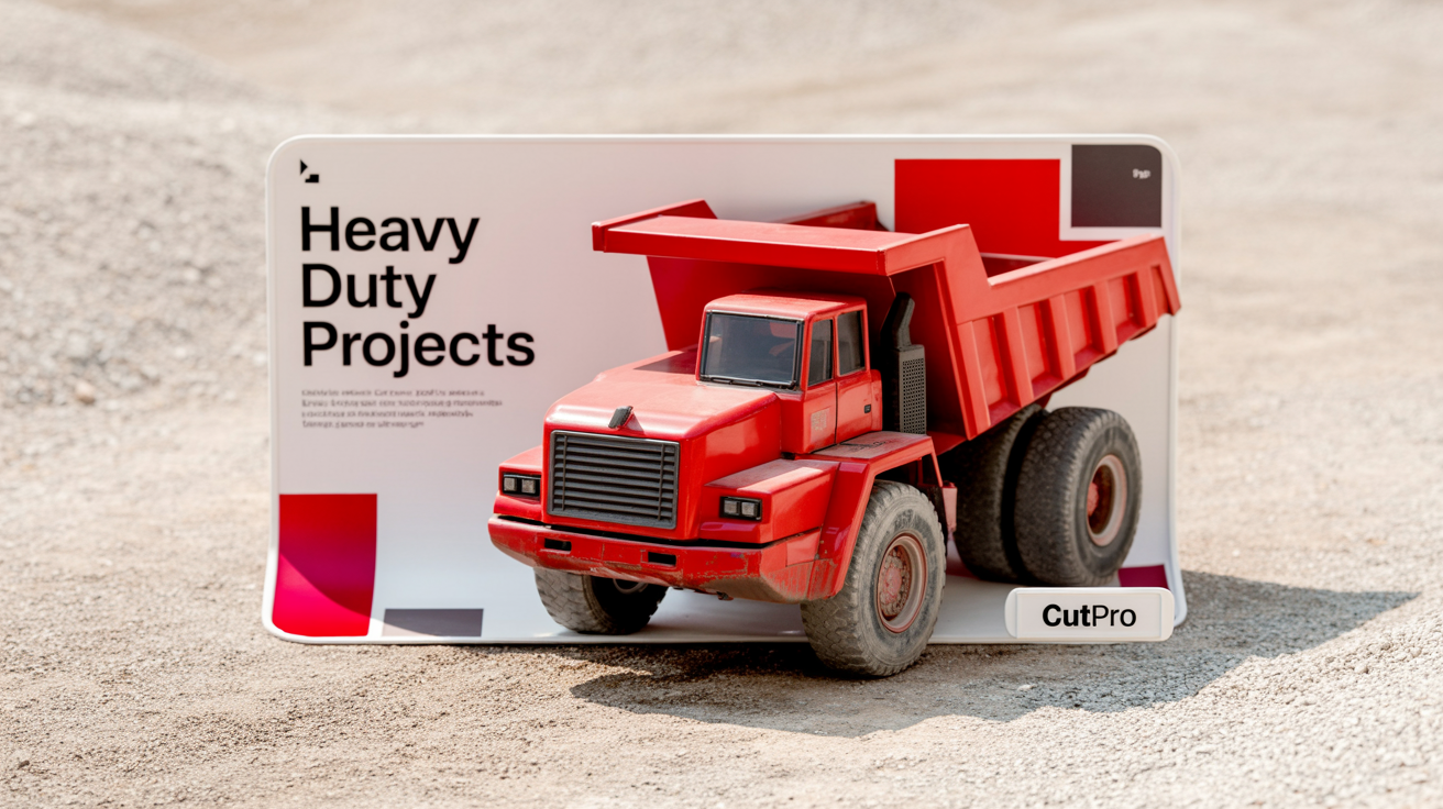 A professionally designed graphic showing a red dump truck with its background removed, placed into a modern website design template with the headline 'Heavy Duty Projects'.