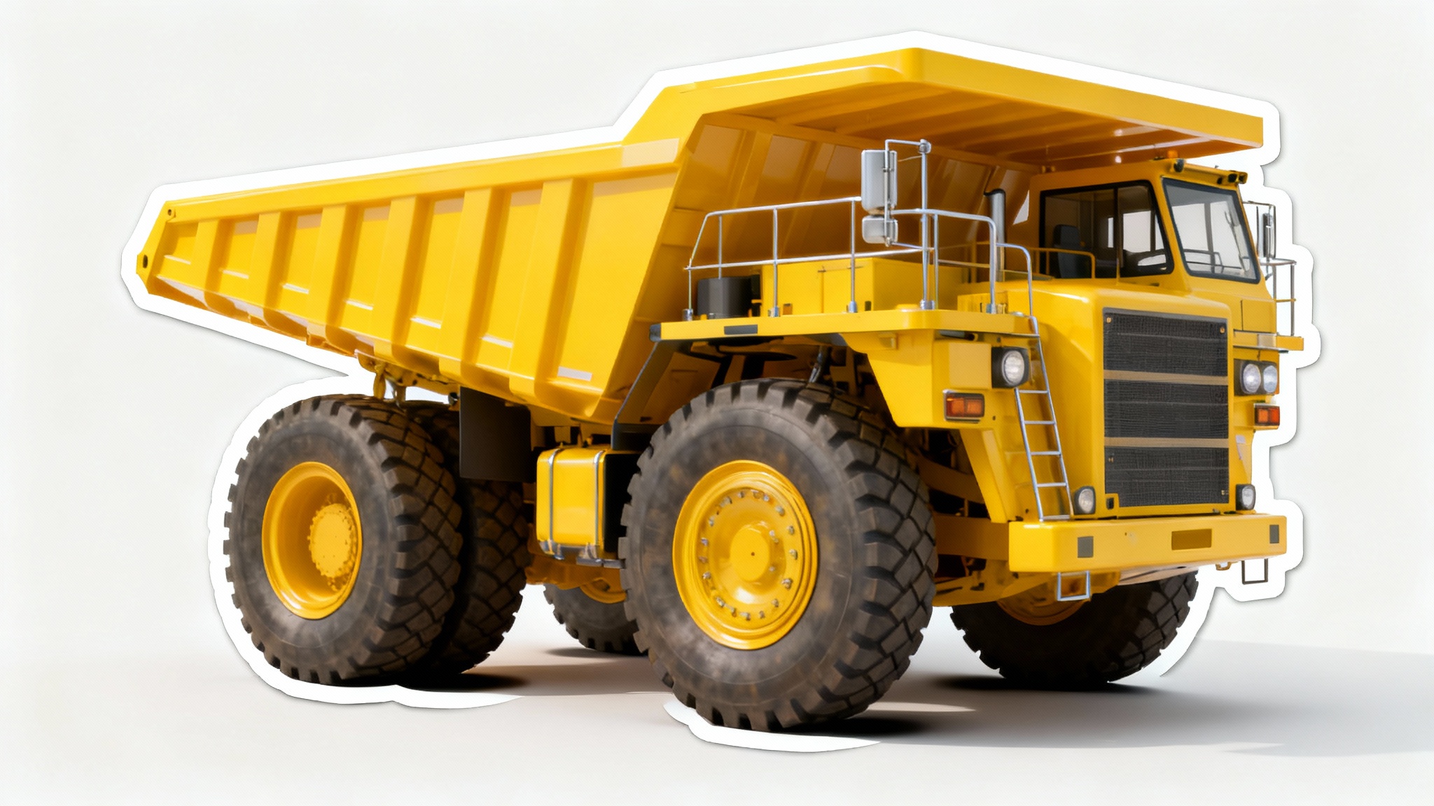 A photorealistic cutout of a large, yellow dump truck on a clean white background, with a soft shadow underneath.