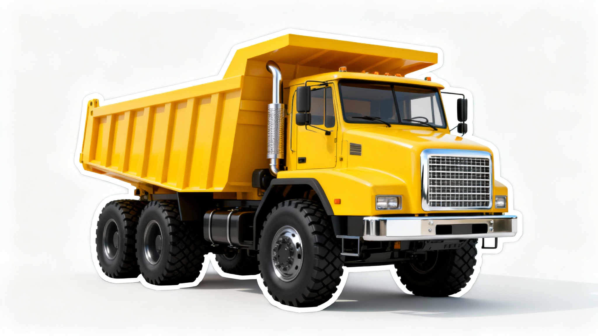 A photorealistic image of a yellow dump truck with sharp, clean edges, presented as a cutout on a pure white background.