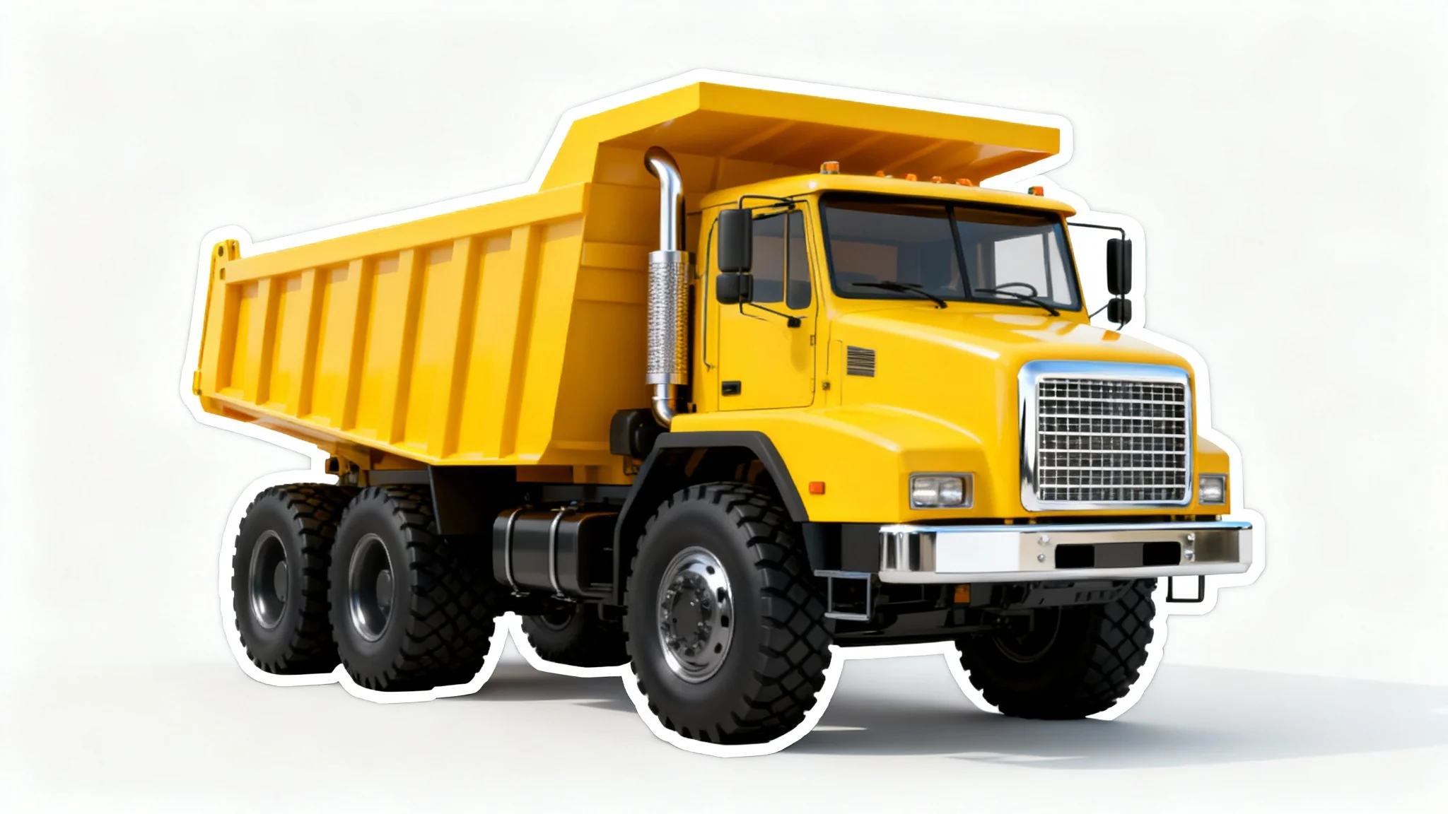 A photorealistic image of a yellow dump truck with sharp, clean edges, presented as a cutout on a pure white background.