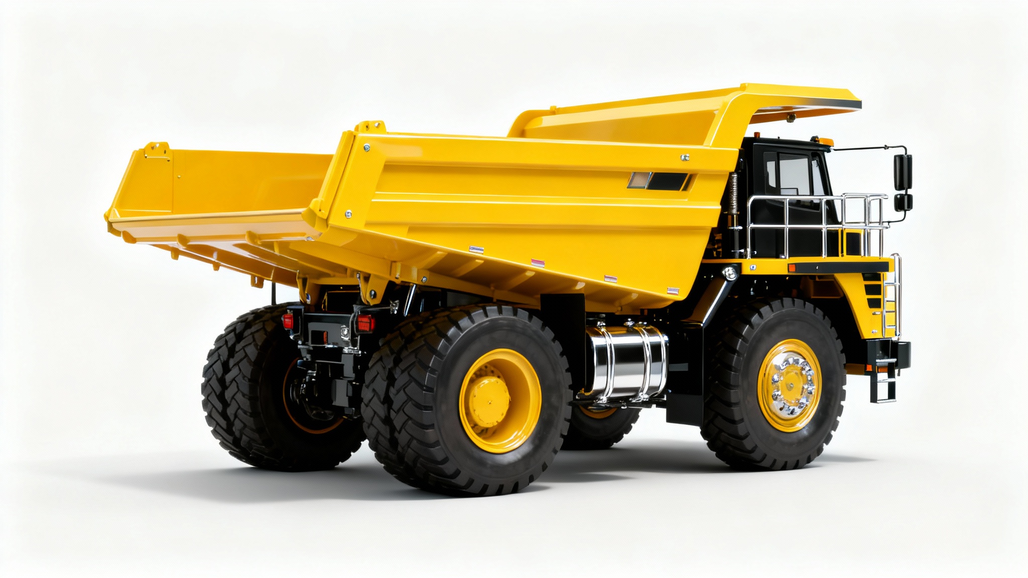 A vibrant yellow heavy-duty dump truck shown from a three-quarters angle, presented as a high-quality cutout image on a plain white background.