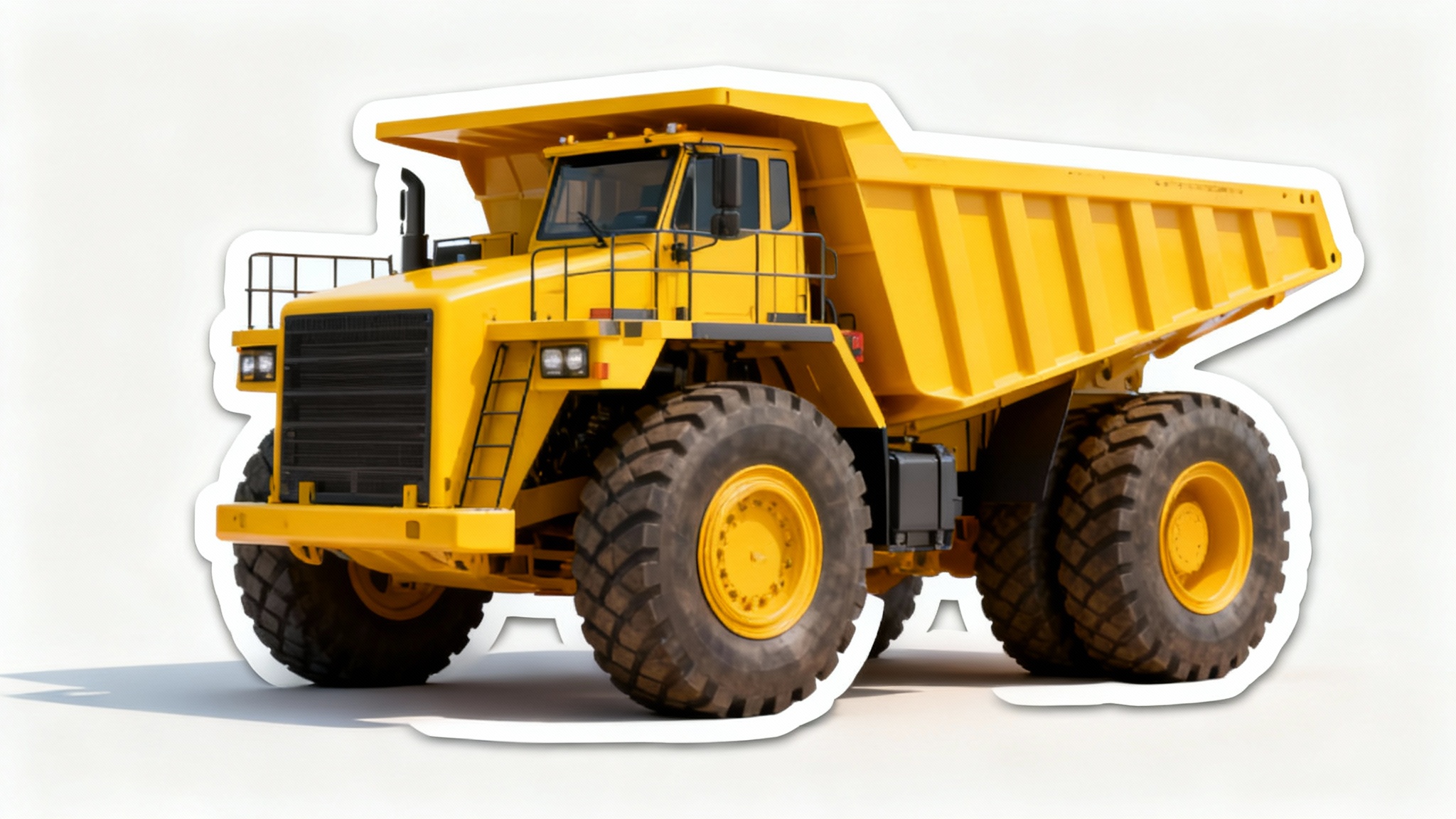 A vibrant yellow dump truck presented as a die-cut sticker, isolated on a plain white background.