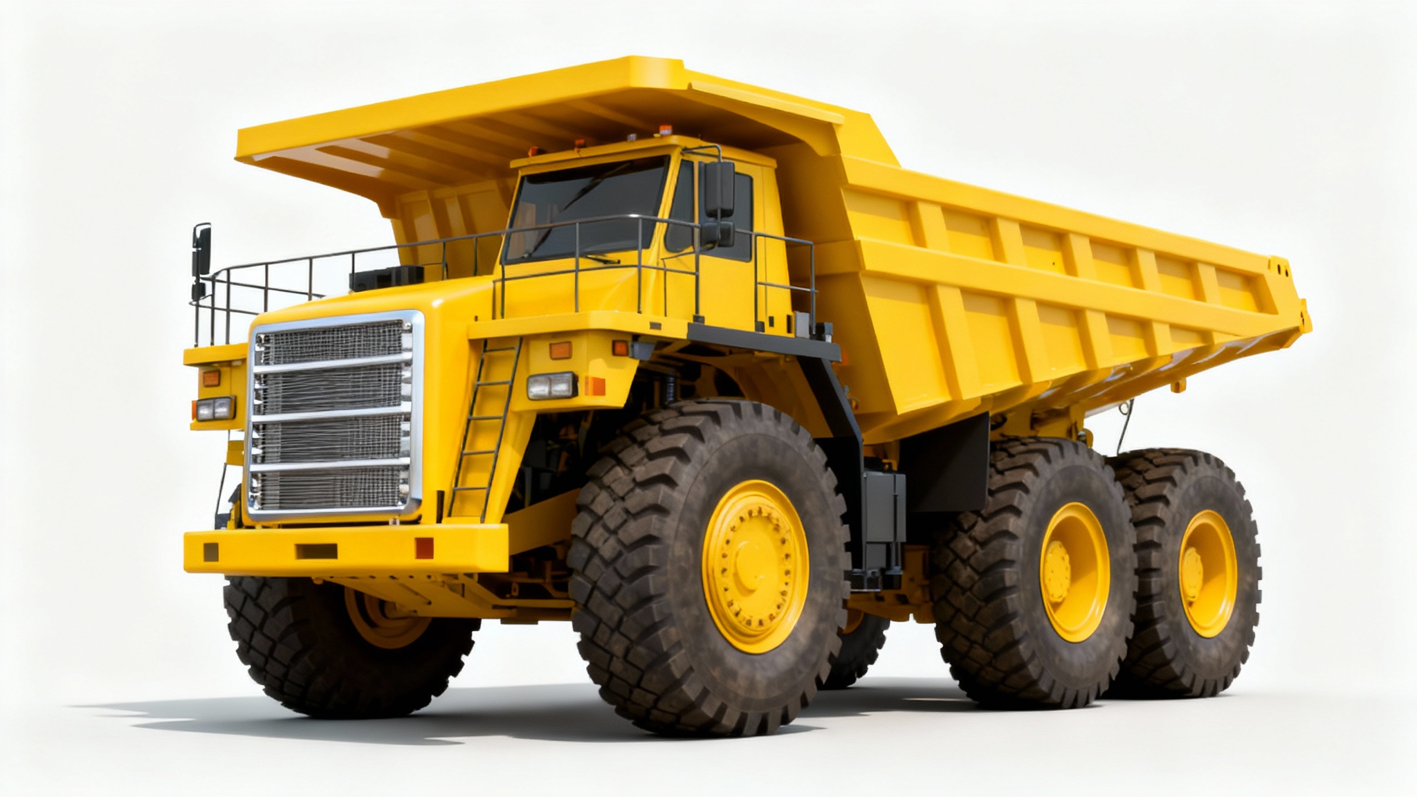 A photorealistic image of a bright yellow dump truck cutout with sharp, clean edges, set against a plain white background.