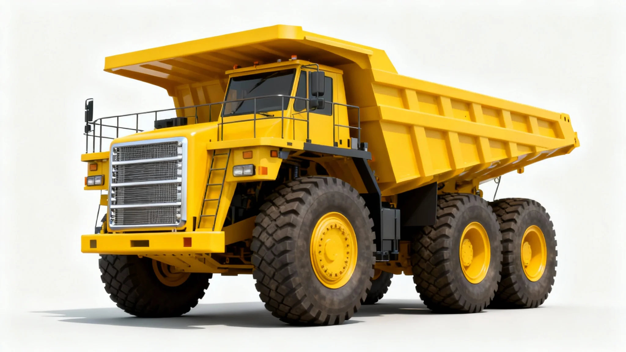 A photorealistic image of a bright yellow dump truck cutout with sharp, clean edges, set against a plain white background.