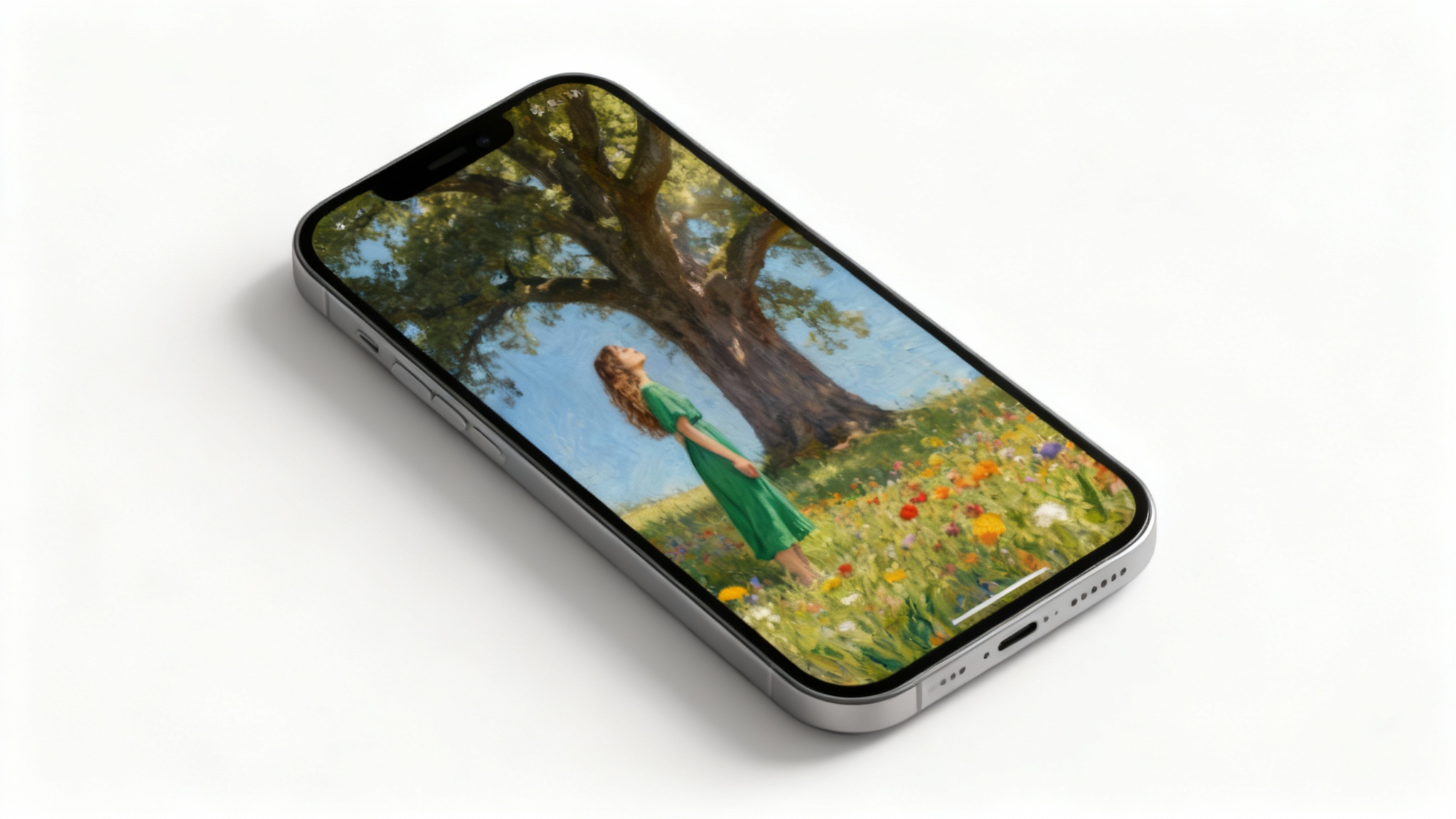 A modern smartphone displaying a beautiful portrait wallpaper of a woman in a green dress looking up at a sunlit tree in a field of wildflowers. The phone is set against a clean white background, showcasing the final designed wallpaper.
