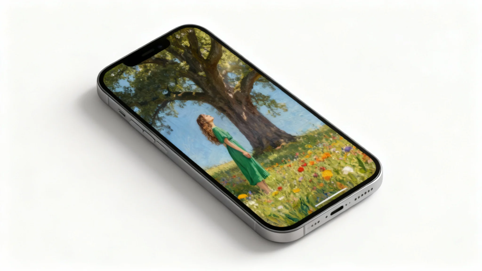 A modern smartphone displaying a beautiful portrait wallpaper of a woman in a green dress looking up at a sunlit tree in a field of wildflowers. The phone is set against a clean white background, showcasing the final designed wallpaper.