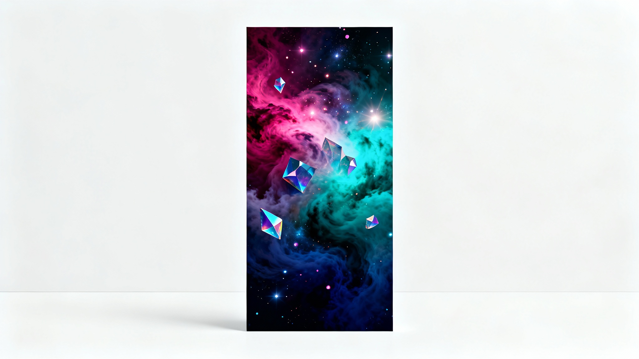 A vibrant abstract portrait wallpaper featuring swirling clouds of magenta, teal, and indigo, with floating crystalline shapes and glowing particles, displayed against a white background.