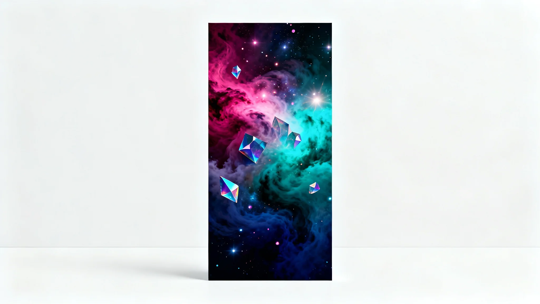 A vibrant abstract portrait wallpaper featuring swirling clouds of magenta, teal, and indigo, with floating crystalline shapes and glowing particles, displayed against a white background.