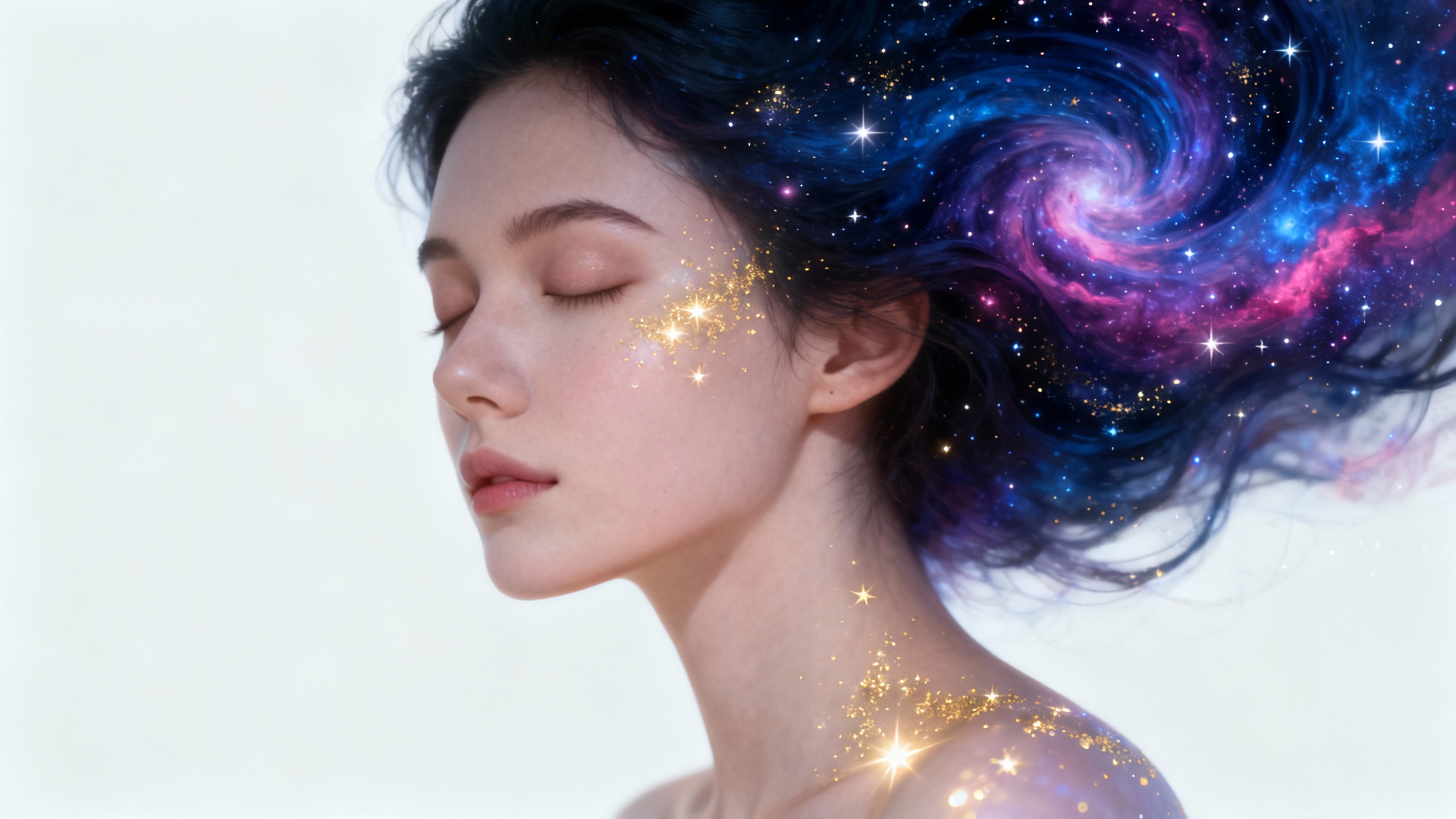 A beautiful portrait wallpaper showing a woman with her eyes closed, her hair turning into a colorful, star-filled nebula against a plain background.
