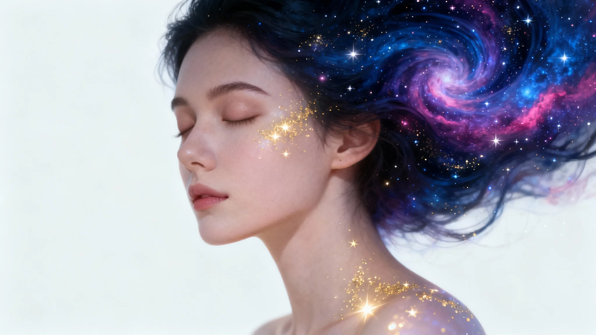 A beautiful portrait wallpaper showing a woman with her eyes closed, her hair turning into a colorful, star-filled nebula against a plain background.