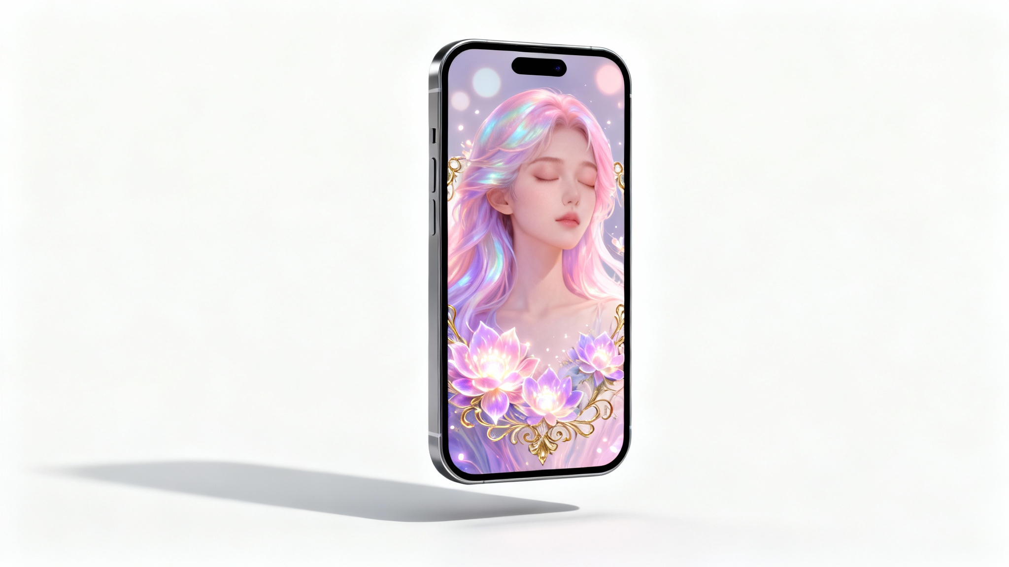 A modern smartphone showcasing a beautiful, artistic portrait wallpaper of a serene woman with pastel-colored hair and glowing floral accents, presented against a clean white background.