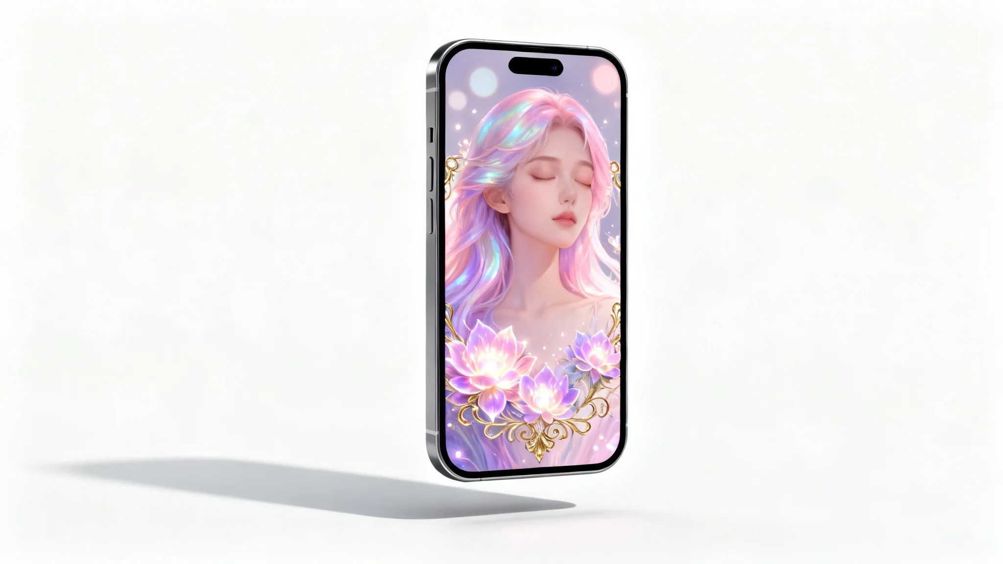 A modern smartphone showcasing a beautiful, artistic portrait wallpaper of a serene woman with pastel-colored hair and glowing floral accents, presented against a clean white background.