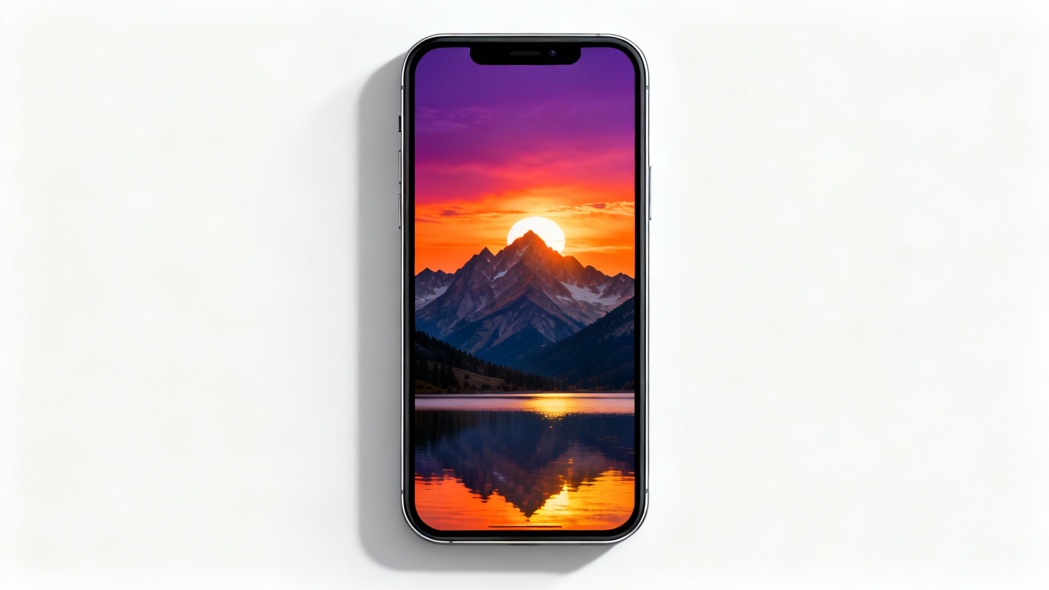 A modern smartphone mockup displaying a beautiful portrait wallpaper of a mountain sunset, set against a clean white background.