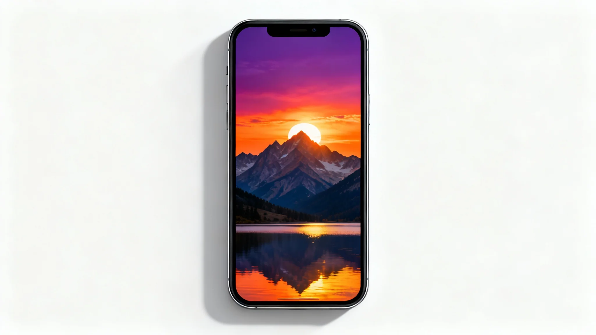 A modern smartphone mockup displaying a beautiful portrait wallpaper of a mountain sunset, set against a clean white background.
