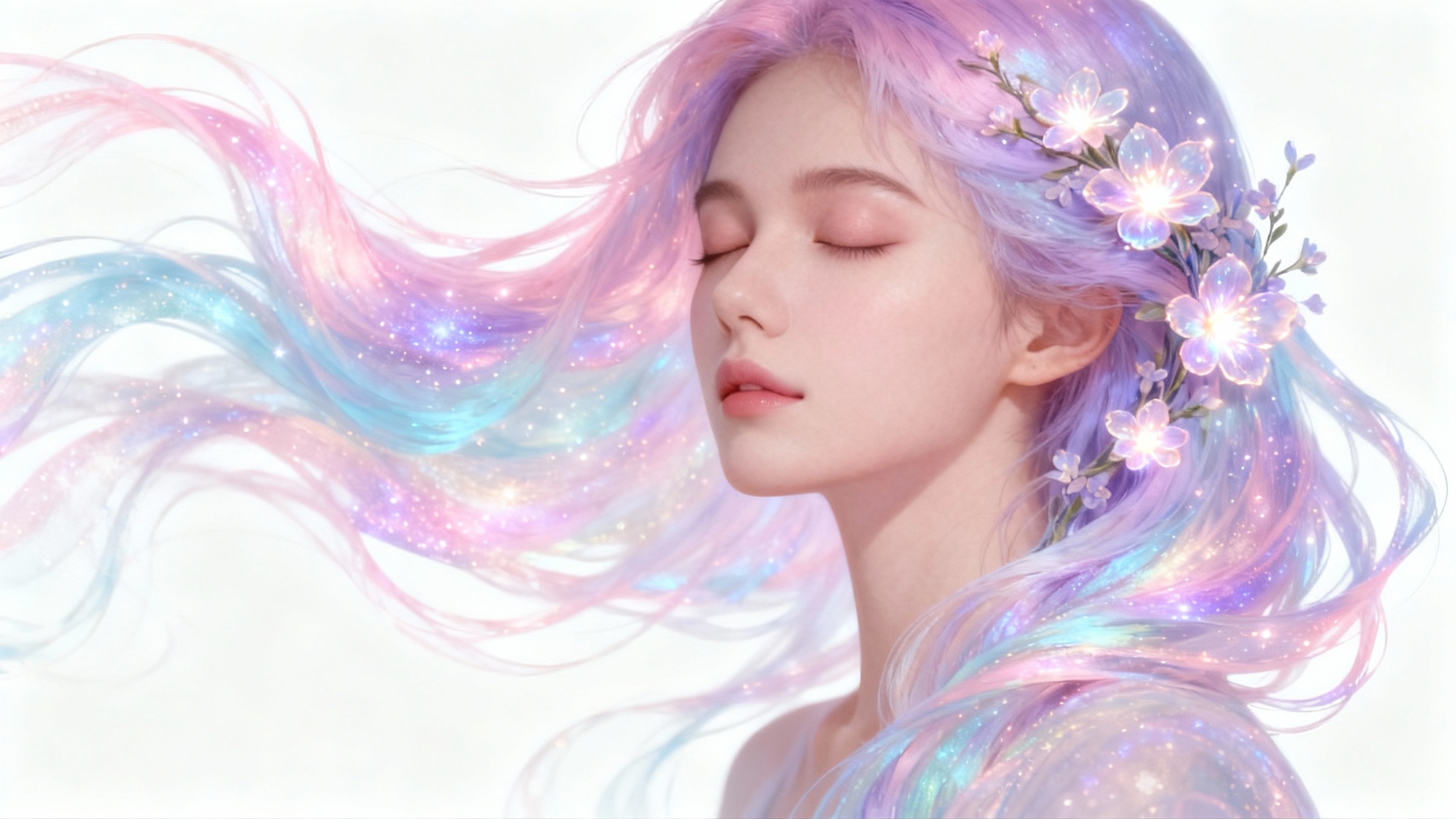 A serene digital portrait wallpaper of a woman with flowing, iridescent pastel hair and glowing flowers woven into it, against a solid white background.