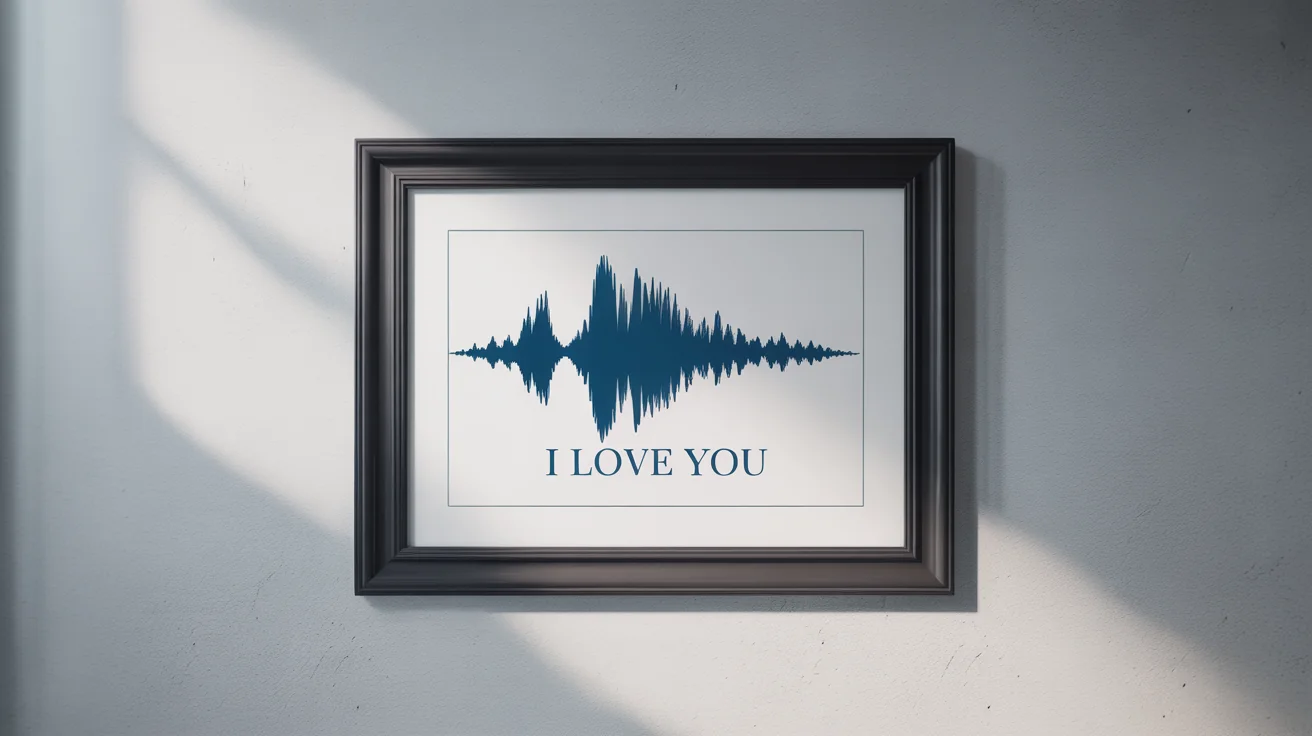 A close-up of a framed piece of waveform art hanging on a wall. The sound wave is dark blue, and below it, the text reads 'I Love You'.