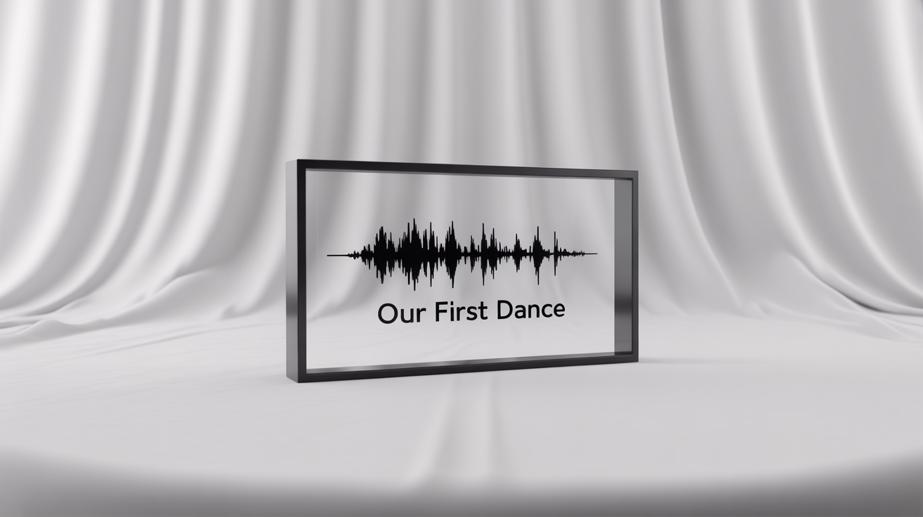 A framed piece of waveform art with a black soundwave printed on a white background. Below the wave, the words 'Our First Dance' are written. The frame is black and set against a plain white background.