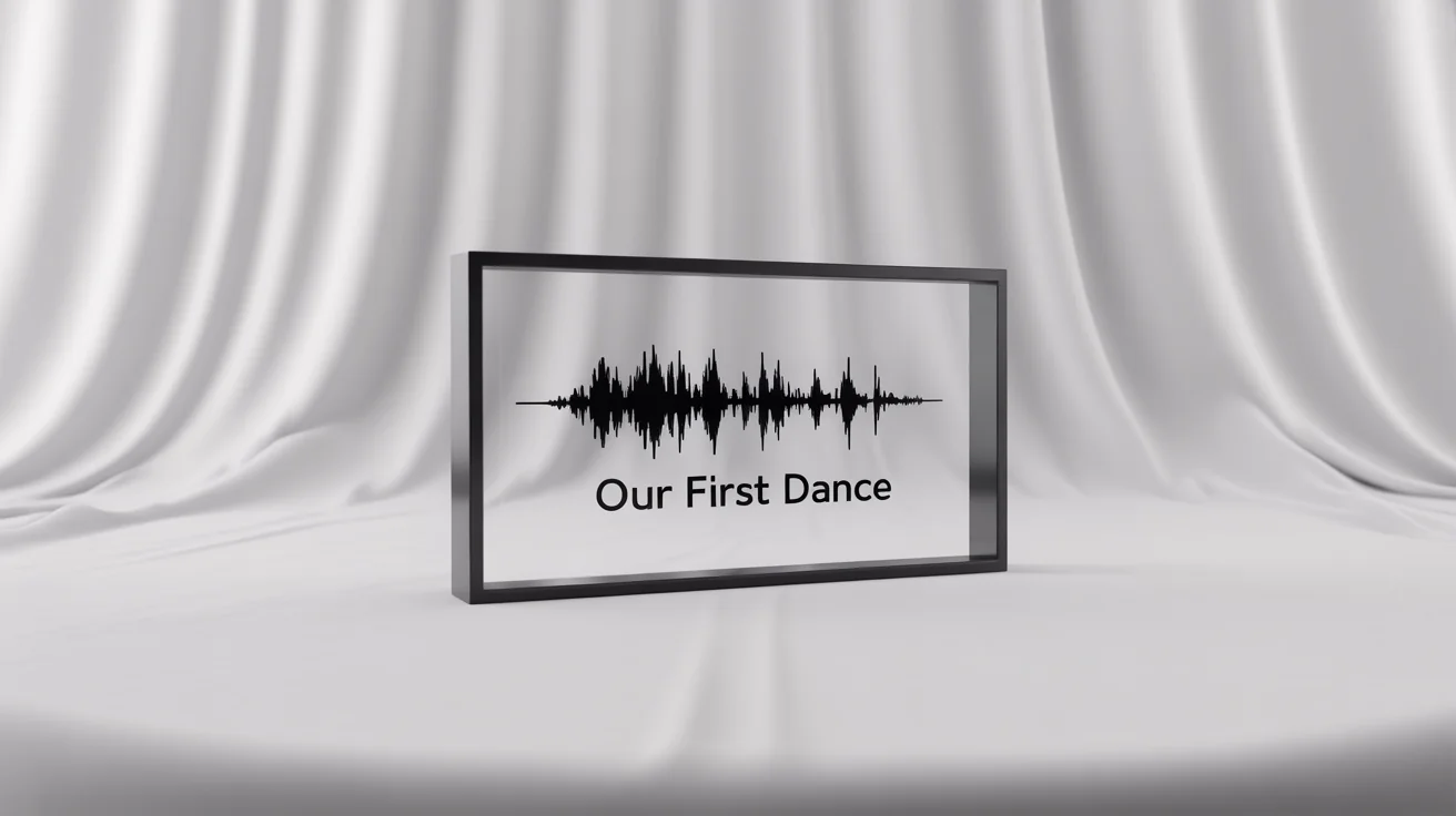 A framed piece of waveform art with a black soundwave printed on a white background. Below the wave, the words 'Our First Dance' are written. The frame is black and set against a plain white background.