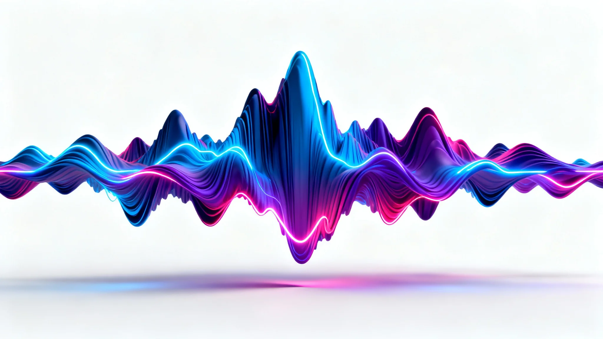 A vibrant 3D rendering of a sound wave as a piece of art, featuring glowing blue and purple lines against a plain white background.