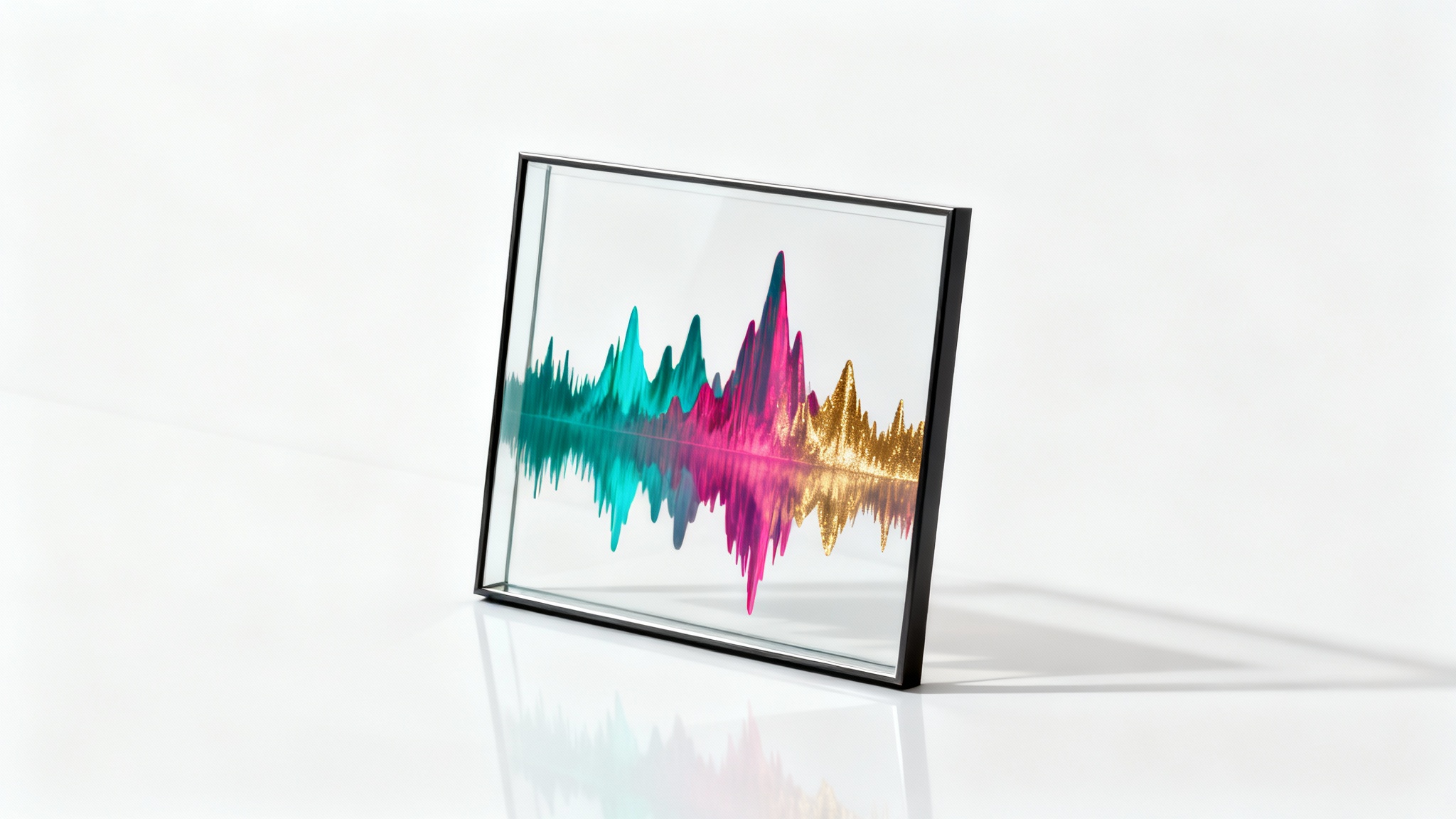 A framed piece of waveform art with a colorful soundwave in teal, magenta, and gold, displayed against a clean white background.