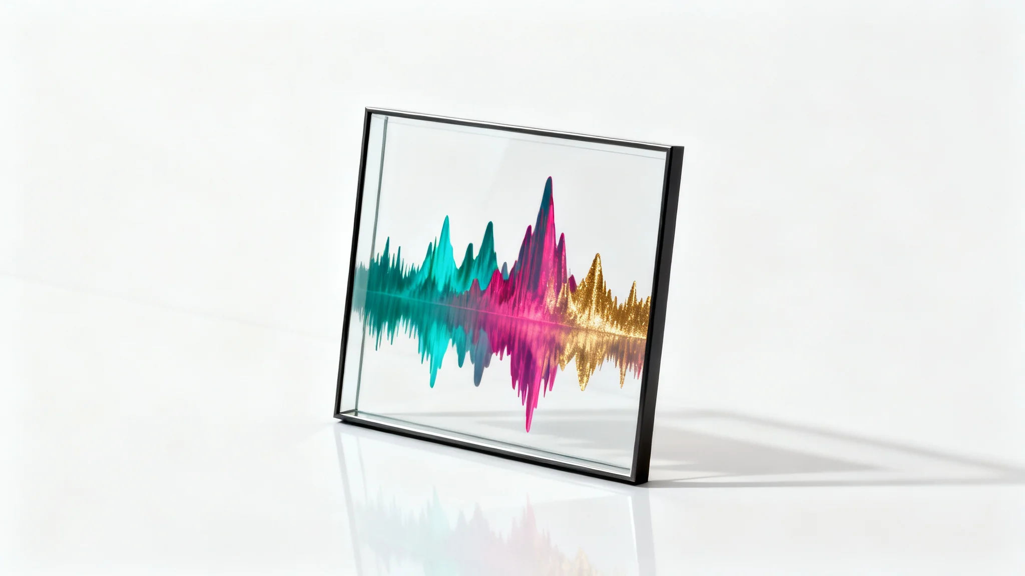 A framed piece of waveform art with a colorful soundwave in teal, magenta, and gold, displayed against a clean white background.