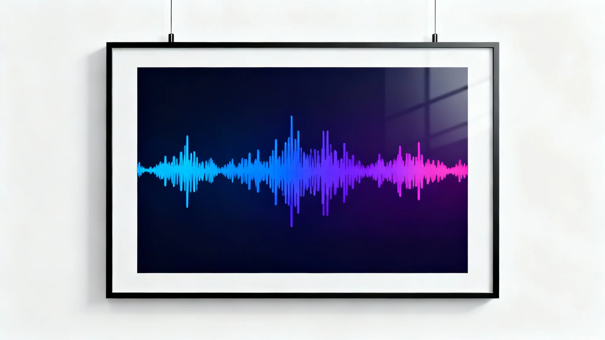 A framed piece of modern art displaying a colorful sound waveform in shades of blue, purple, and magenta, set against a clean white background.