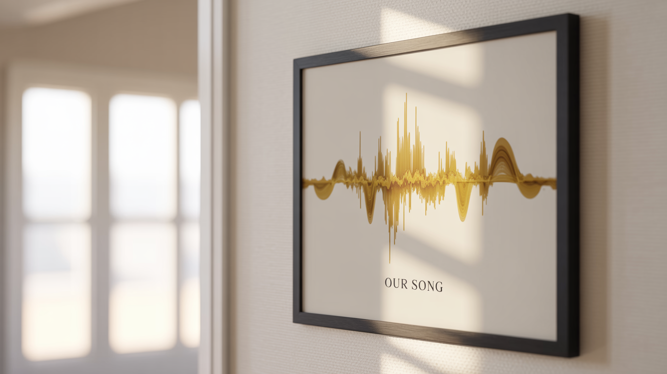 A framed piece of modern waveform art hanging on a white wall. The sound wave is depicted in gold, with the text 'Our Song' written below it.