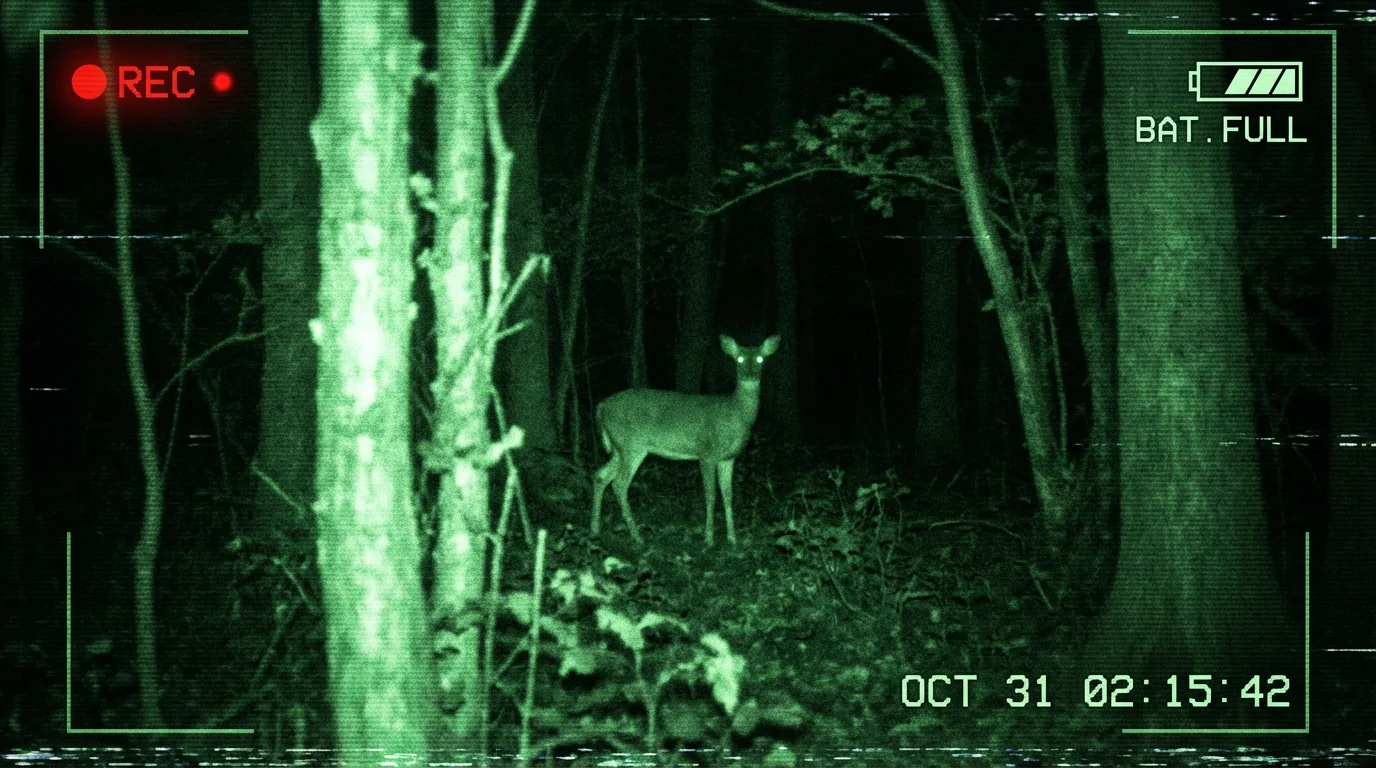 A widescreen image simulating a camcorder's night vision view of a dark forest. The scene is grainy and tinted green, showing a deer in the center. Digital on-screen display elements like a recording icon and timestamp are visible in the corners.