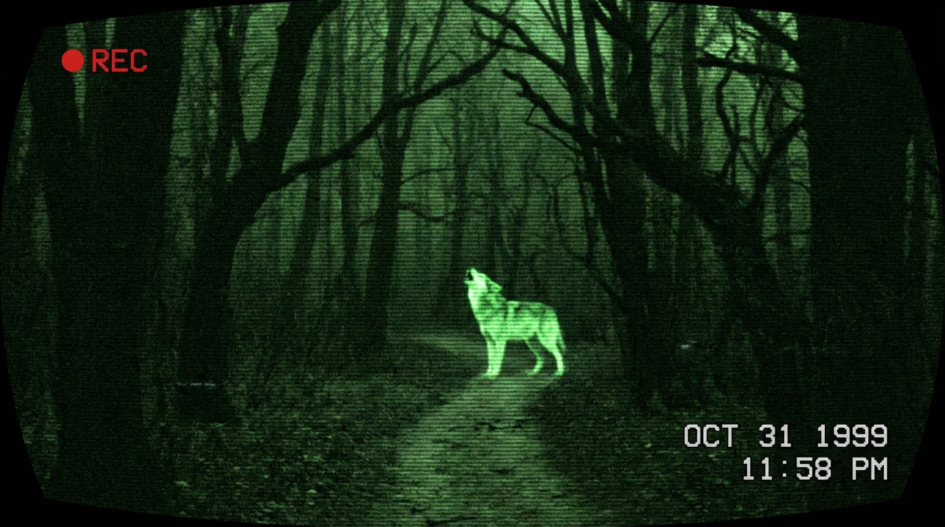 A creepy forest scene viewed through a green-tinted camcorder night vision filter, showing a wolf howling in the distance. Digital overlay elements like a 'REC' symbol and a timestamp are visible.