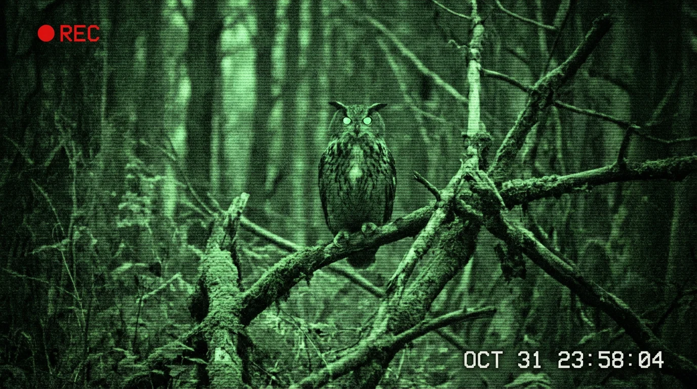 A still image captured with a camcorder night vision effect. The scene shows an owl in a dark forest, all in grainy, monochromatic green. The image features classic camcorder overlay text like 'REC' and a timestamp, creating a retro, suspenseful feel.