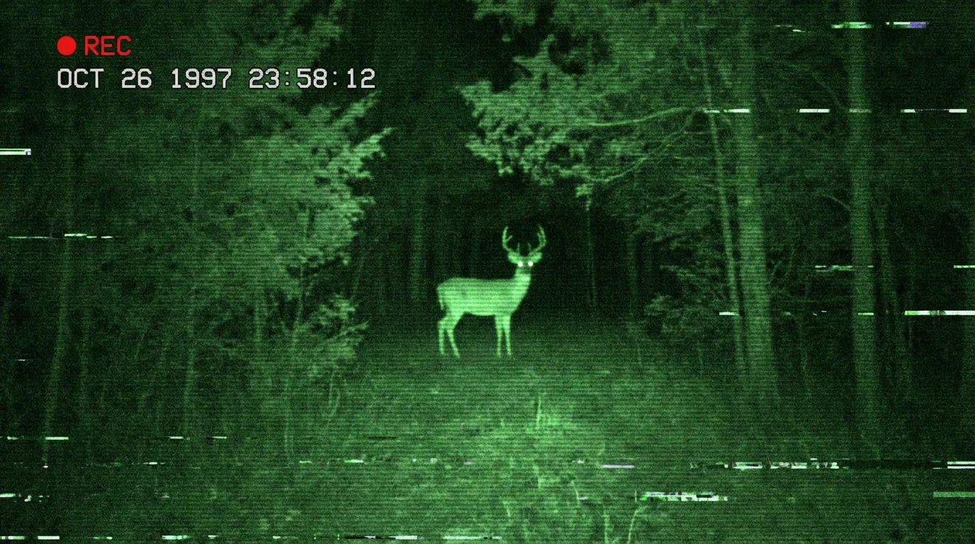 A dark forest scene at night viewed through the grainy, green-tinted filter of a camcorder's night vision mode, capturing a deer in the center with a recording timestamp in the corner.