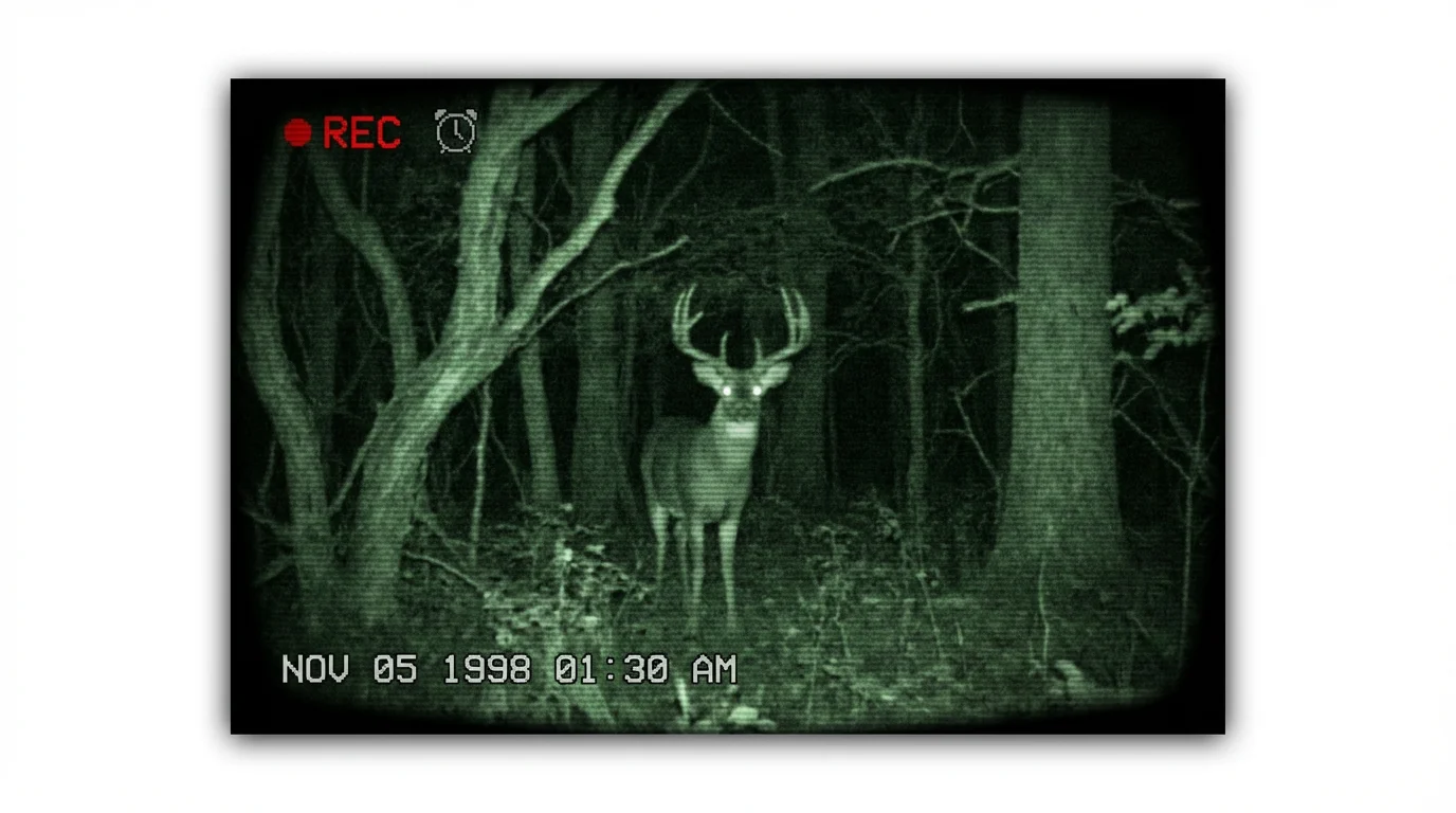 A deer in a dark forest viewed through a grainy, green-tinted camcorder night vision effect, with a 'REC' symbol and timestamp on screen.