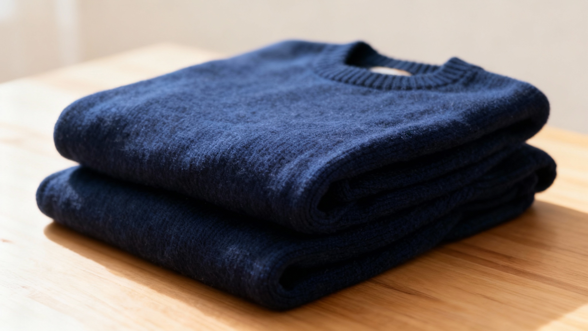 A close-up shot of a perfectly clean, lint-free navy blue sweater, neatly folded on a light wooden table, demonstrating the result of a lint removal tool.
